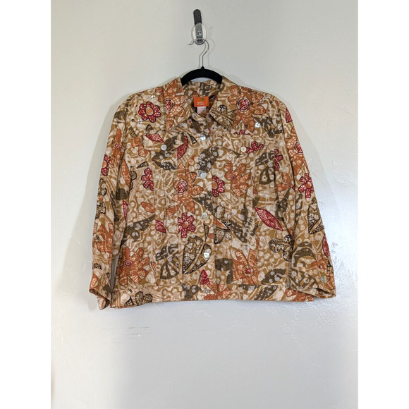 Hearts Of Palm Jacket Womens Size 16 Bohemian Orange Floral Linen Rayon Plus Fal - Picture 2 of 11